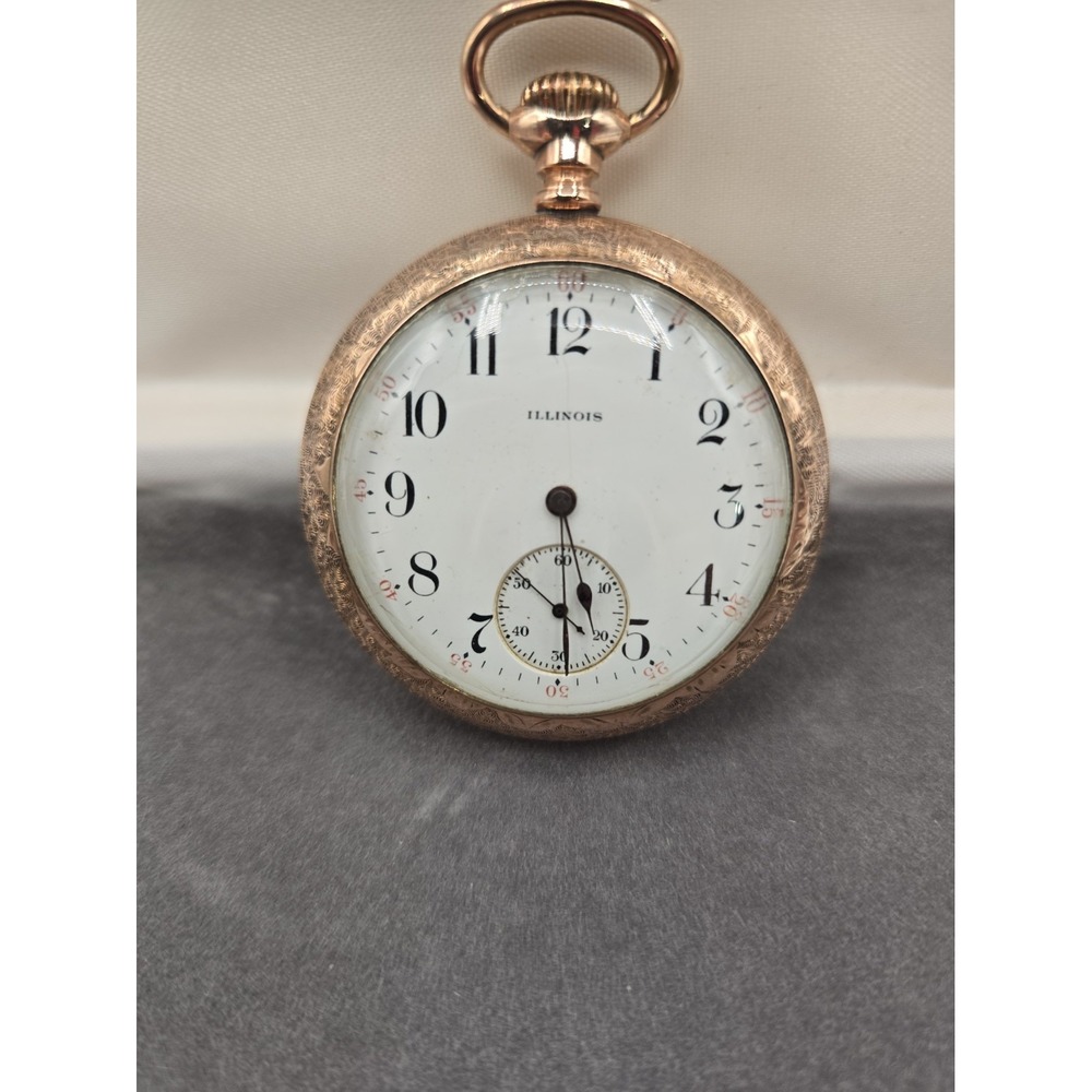 Vintage 1912 Illinois 19 Jewels Pocket Watch Engraved Gold Tone Case Rare